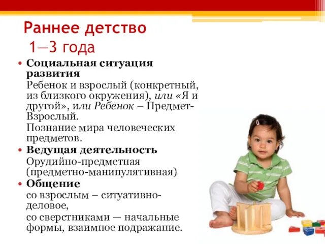Раннее детство 1—3 года Социальная ситуация развития Ребенок и взрослый