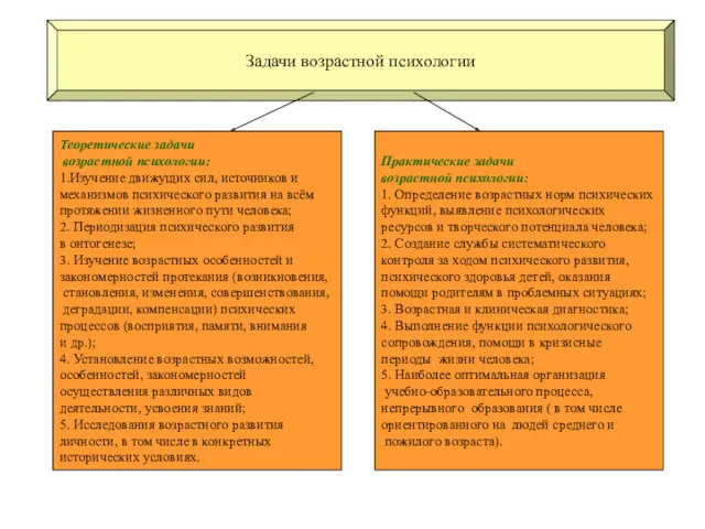 Задачи возрастной психологии Теоретические задачи возрастной психологии: 1.Изучение движущих сил,