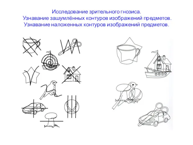 Исследование зрительного гнозиса. Узнавание зашумлённых контуров изображений предметов. Узнавание наложенных контуров изображений предметов.