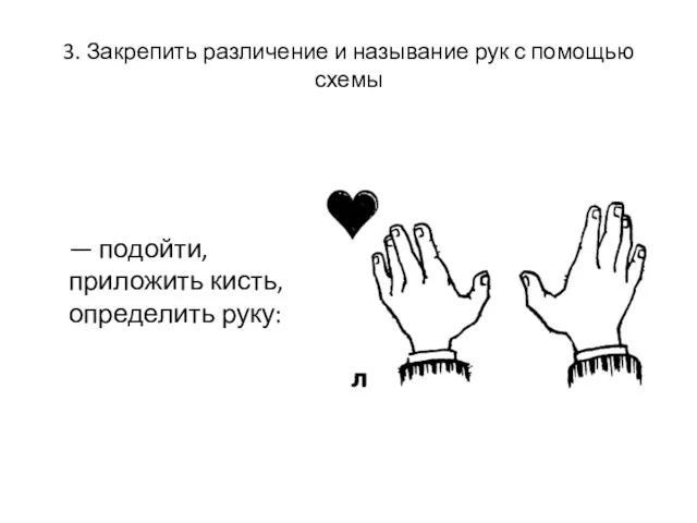 3. Закрепить различение и называние рук с помощью схемы — подойти, приложить кисть, определить руку: