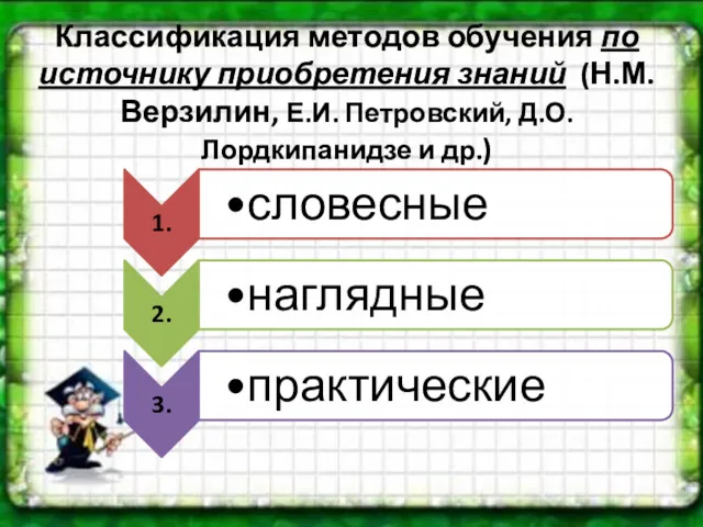 Классификация методов обучения по источнику приобретения знаний (Н.М. Верзилин, Е.И. Петровский, Д.О. Лордкипанидзе и др.)