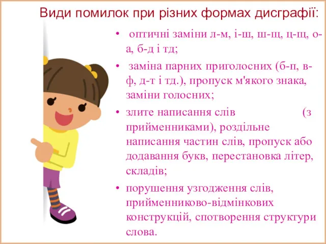 Види помилок при різних формах дисграфії: оптичні заміни л-м, і-ш,