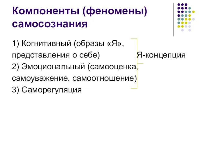 Компоненты (феномены) самосознания 1) Когнитивный (образы «Я», представления о себе)