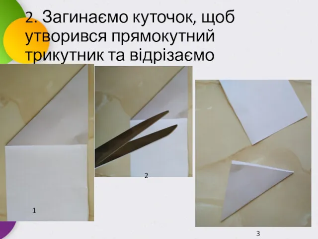 2. Загинаємо куточок, щоб утворився прямокутний трикутник та відрізаємо 1 2 3