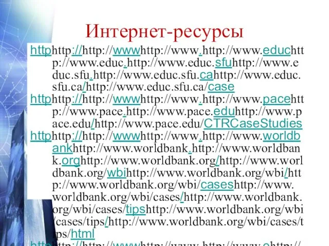 Интернет-ресурсы httphttp://http://wwwhttp://www.http://www.educhttp://www.educ.http://www.educ.sfuhttp://www.educ.sfu.http://www.educ.sfu.cahttp://www.educ.sfu.ca/http://www.educ.sfu.ca/case httphttp://http://wwwhttp://www.http://www.pacehttp://www.pace.http://www.pace.eduhttp://www.pace.edu/http://www.pace.edu/CTRCaseStudies httphttp://http://wwwhttp://www.http://www.worldbankhttp://www.worldbank.http://www.worldbank.orghttp://www.worldbank.org/http://www.worldbank.org/wbihttp://www.worldbank.org/wbi/http://www.worldbank.org/wbi/caseshttp://www.worldbank.org/wbi/cases/http://www.worldbank.org/wbi/cases/tipshttp://www.worldbank.org/wbi/cases/tips/http://www.worldbank.org/wbi/cases/tips/html httphttp://http://wwwhttp://www.http://www.ehttp://www.e-http://www.e-xecutivehttp://www.e-xecutive.http://www.e-xecutive.ruhttp://www.e-xecutive.ru/http://www.e-xecutive.ru/workshop http://www.casemethod.ru/