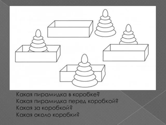 Какая пирамидка в коробке? Какая пирамидка перед коробкой? Какая за коробкой? Какая около коробки?