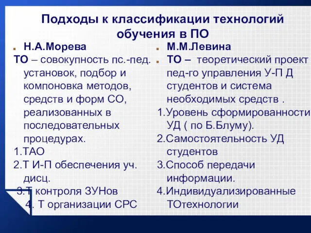 Подходы к классификации технологий обучения в ПО Н.А.Морева ТО –