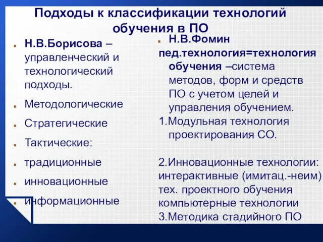 Подходы к классификации технологий обучения в ПО Н.В.Борисова – управленческий