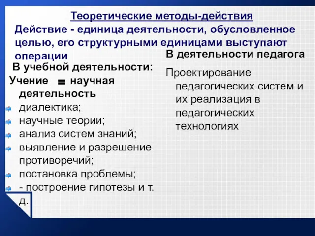 Теоретические методы-действия Действие - единица деятельности, обусловленное целью, его структурными