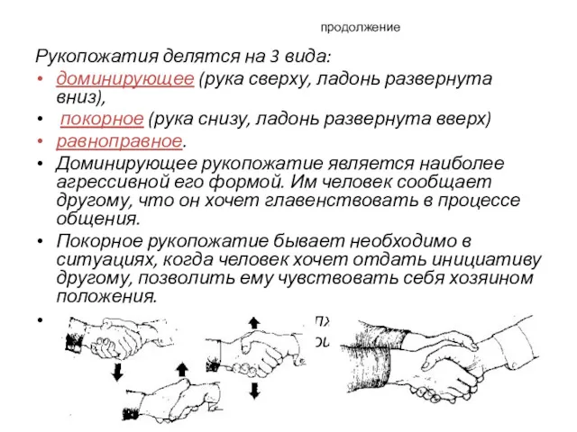 продолжение Рукопожатия делятся на 3 вида: доминирующее (рука сверху, ладонь