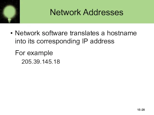 15- Network Addresses Network software translates a hostname into its corresponding IP address For example 205.39.145.18