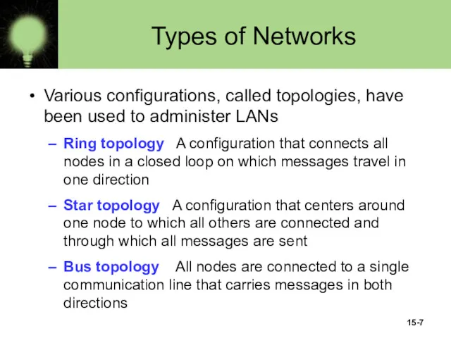 15- Types of Networks Various configurations, called topologies, have been