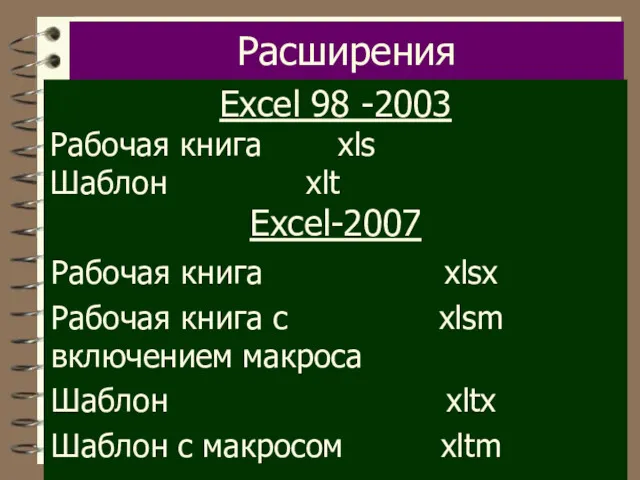 Расширения Excel 98 -2003 Рабочая книга xls Шаблон xlt Excel-2007
