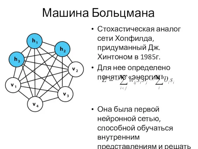 Машина Больцмана Стохастическая аналог сети Хопфилда, придуманный Дж. Хинтоном в