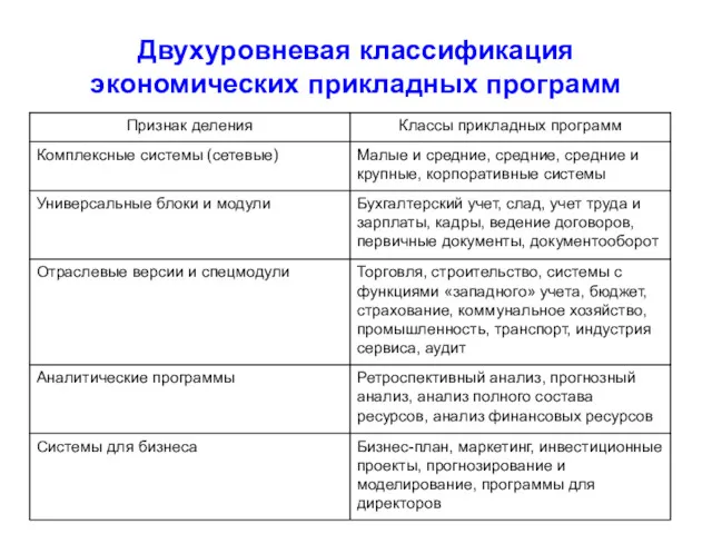 Двухуровневая классификация экономических прикладных программ