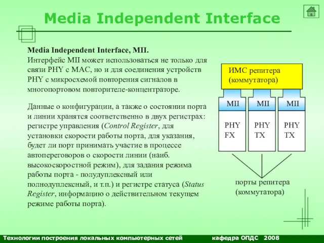 NETS and OSs Media Independent Interface Media Independent Interface, MII.