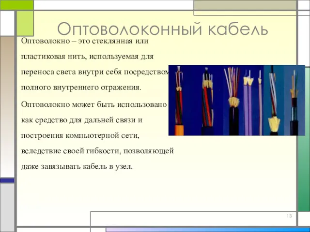 Оптоволоконный кабель Оптоволокно – это стеклянная или пластиковая нить, используемая