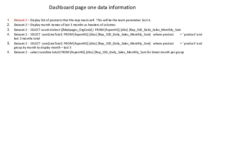 Dashboard page one data information Dataset 2 – Display list of products that