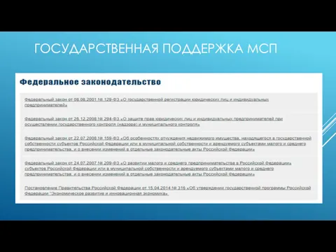 ГОСУДАРСТВЕННАЯ ПОДДЕРЖКА МСП комплекс мер, направленных на становление, развитие и стабилизацию сегмента малого бизнеса