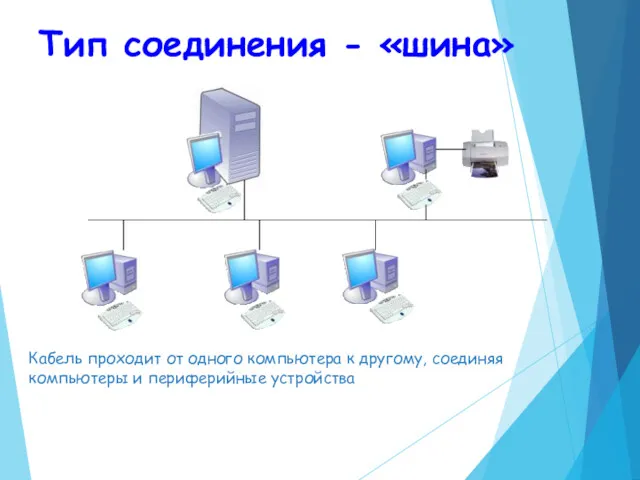 Тип соединения - «шина» Кабель проходит от одного компьютера к другому, соединяя компьютеры и периферийные устройства