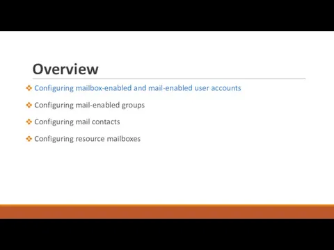 Overview Configuring mailbox-enabled and mail-enabled user accounts Configuring mail-enabled groups Configuring mail contacts Configuring resource mailboxes