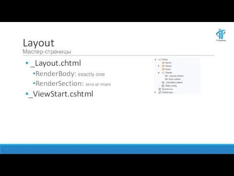 Layout Мастер-страницы _Layout.chtml RenderBody: exactly one RenderSection: zero or more _ViewStart.cshtml