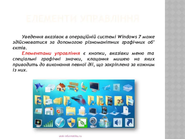 ЕЛЕМЕНТИ УПРАВЛІННЯ urok-informatiku.ru Уведення вказівок в операційній системі Windows 7