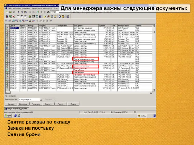 Заявка на поставку Снятие резерва по складу Снятие брони Для менеджера важны следующие документы: