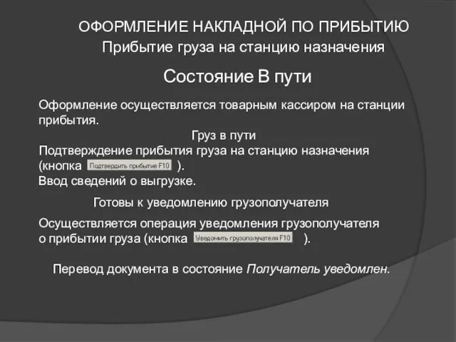 ОФОРМЛЕНИЕ НАКЛАДНОЙ ПО ПРИБЫТИЮ Оформление осуществляется товарным кассиром на станции