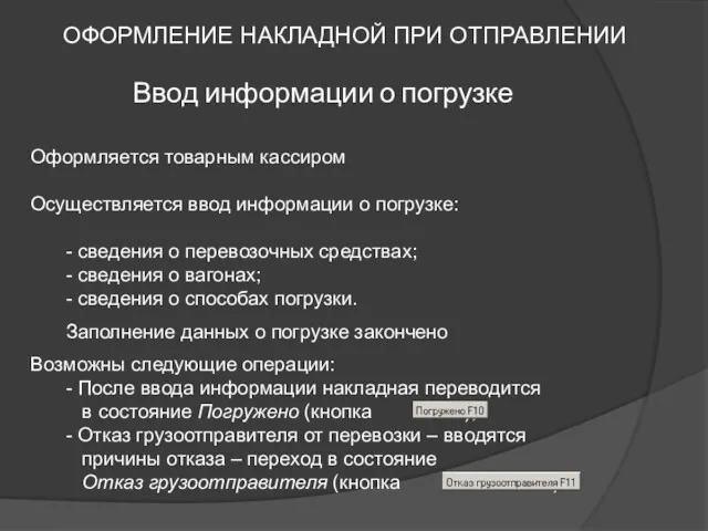 ОФОРМЛЕНИЕ НАКЛАДНОЙ ПРИ ОТПРАВЛЕНИИ Ввод информации о погрузке Оформляется товарным