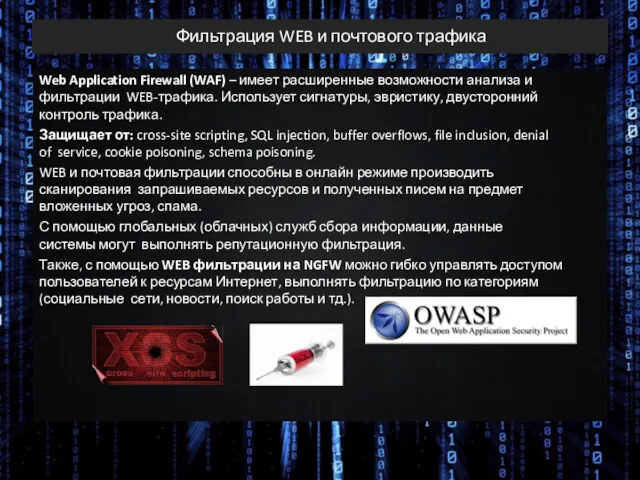 Фильтрация WEB и почтового трафика Web Application Firewall (WAF) –