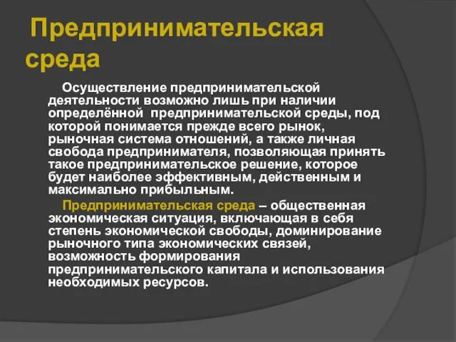 Предпринимательская среда Осуществление предпринимательской деятельности возможно лишь при наличии определённой