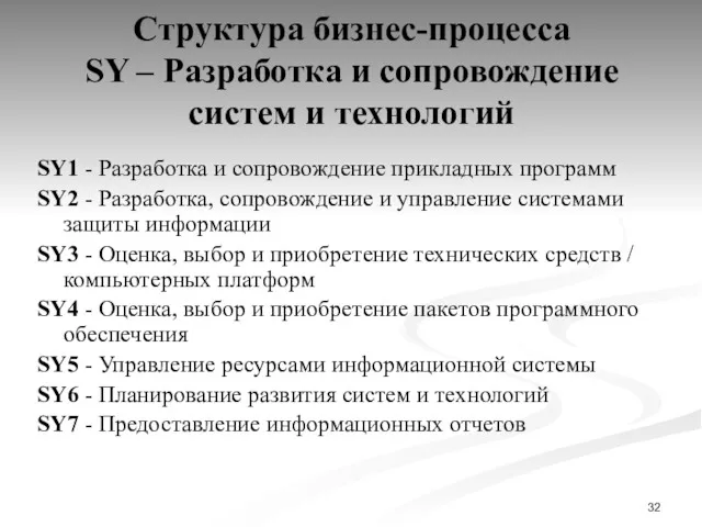 Структура бизнес-процесса SY – Разработка и сопровождение систем и технологий