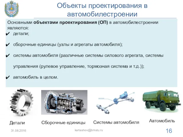 Объекты проектирования в автомобилестроении 31.08.2016 kartashov@bmstu.ru Основными объектами проектирования (ОП)