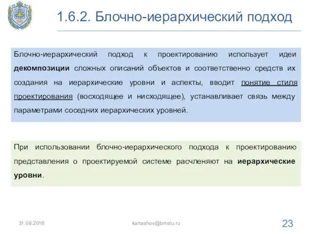1.6.2. Блочно-иерархический подход 31.08.2016 kartashov@bmstu.ru Блочно-иерархический подход к проектированию использует