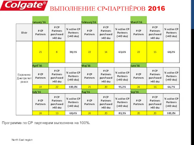 ВЫПОЛНЕНИЕ СР-ПАРТНЁРОВ 2016 North East region Программа по СР партнерам выполнена на 100%.