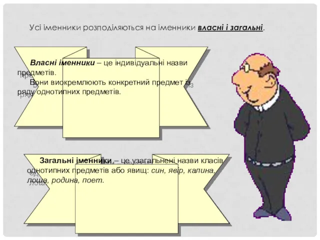 Усі іменники розподіляються на іменники власні і загальні. Власні іменники