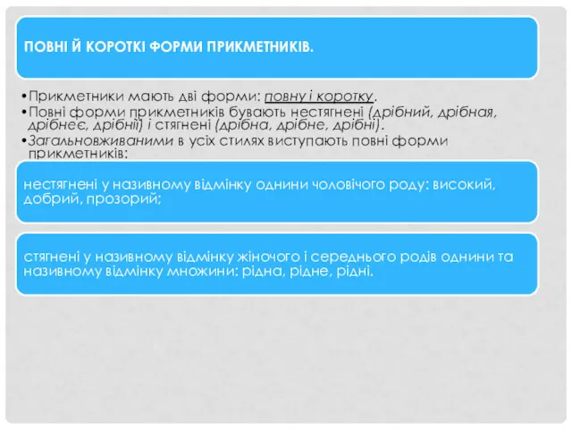 ПОВНІ Й КОРОТКІ ФОРМИ ПРИКМЕТНИКІВ. Прикметники мають дві форми: повну