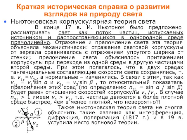 Краткая историческая справка о развитии взглядов на природу света Ньютоновская