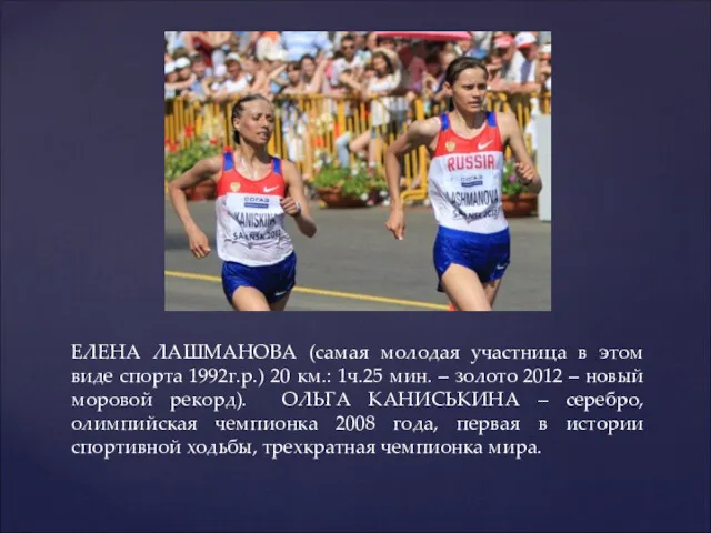 ЕЛЕНА ЛАШМАНОВА (самая молодая участница в этом виде спорта 1992г.р.) 20 км.: 1ч.25