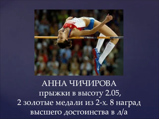 АННА ЧИЧИРОВА прыжки в высоту 2.05, 2 золотые медали из 2-х. 8 наград