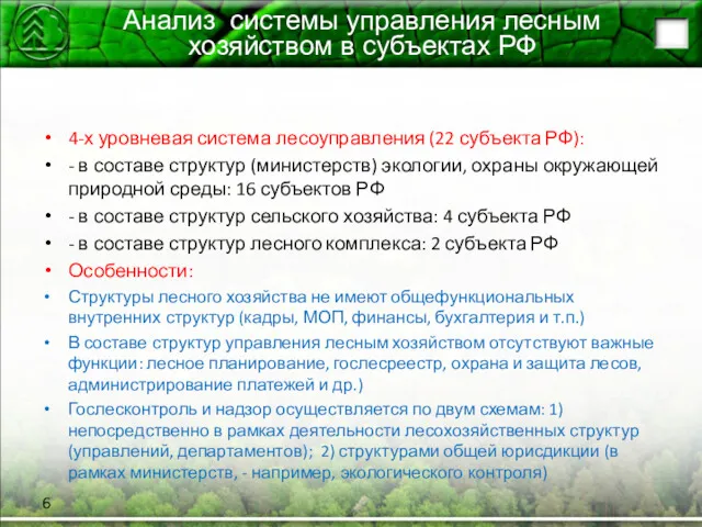 Анализ системы управления лесным хозяйством в субъектах РФ 4-х уровневая