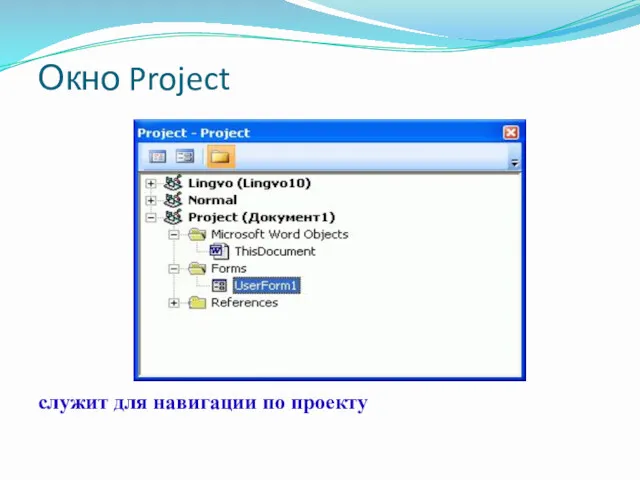 Окно Project служит для навигации по проекту