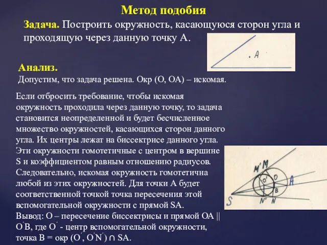 Метод подобия Задача. Построить окружность, касающуюся сторон угла и проходящую