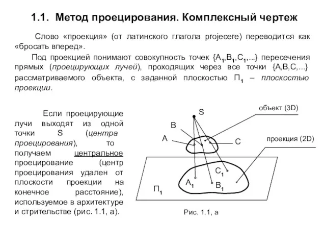 Под проекцией понимают совокупность точек {A1,B1,C1,...} пересечения прямых (проецирующих лучей),