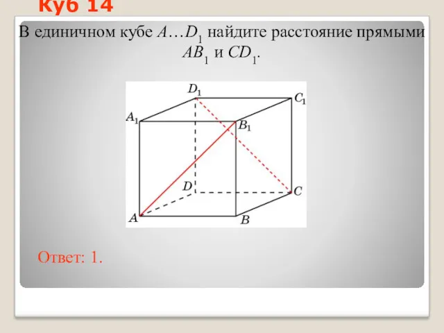 В единичном кубе A…D1 найдите расстояние прямыми AB1 и CD1. Ответ: 1. Куб 14