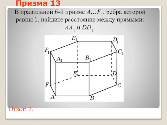 В правильной 6-й призме A…F1, ребра которой равны 1, найдите