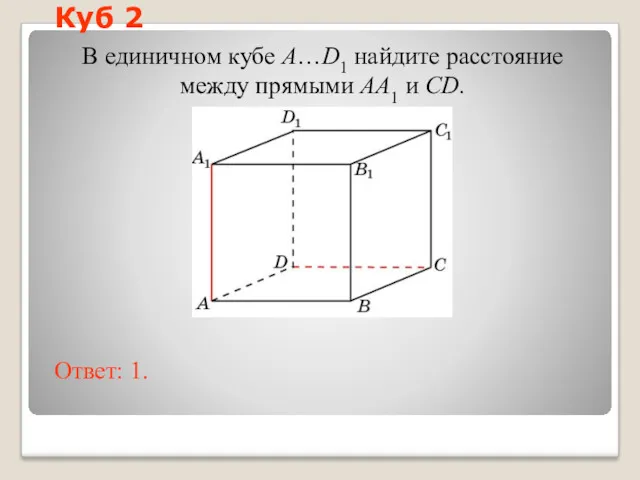 В единичном кубе A…D1 найдите расстояние между прямыми AA1 и CD. Ответ: 1. Куб 2