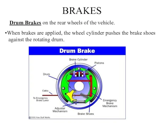 BRAKES Drum Brakes on the rear wheels of the vehicle. When brakes are