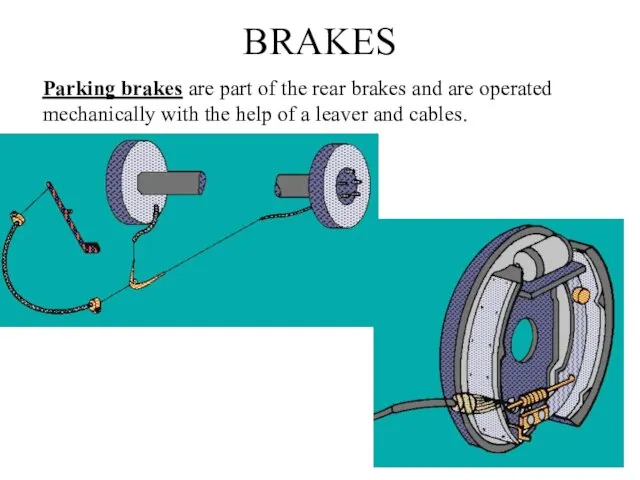 BRAKES Parking brakes are part of the rear brakes and are operated mechanically
